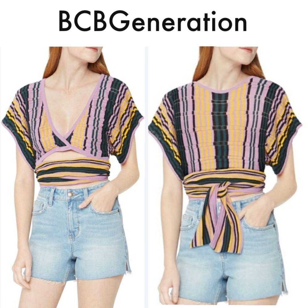 BCBGeneration Reversible Purple Multi Stripe Open Knit Wrap Bow Tie Crop Top XS